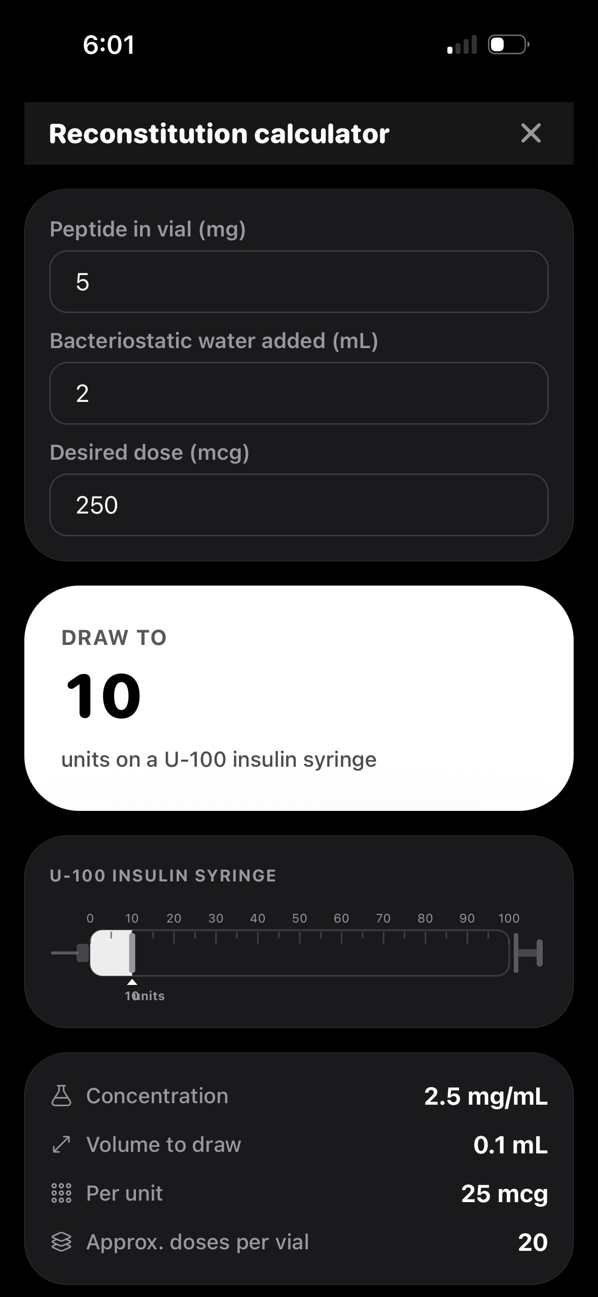 Reconstitution calculator showing exactly how many units to draw
