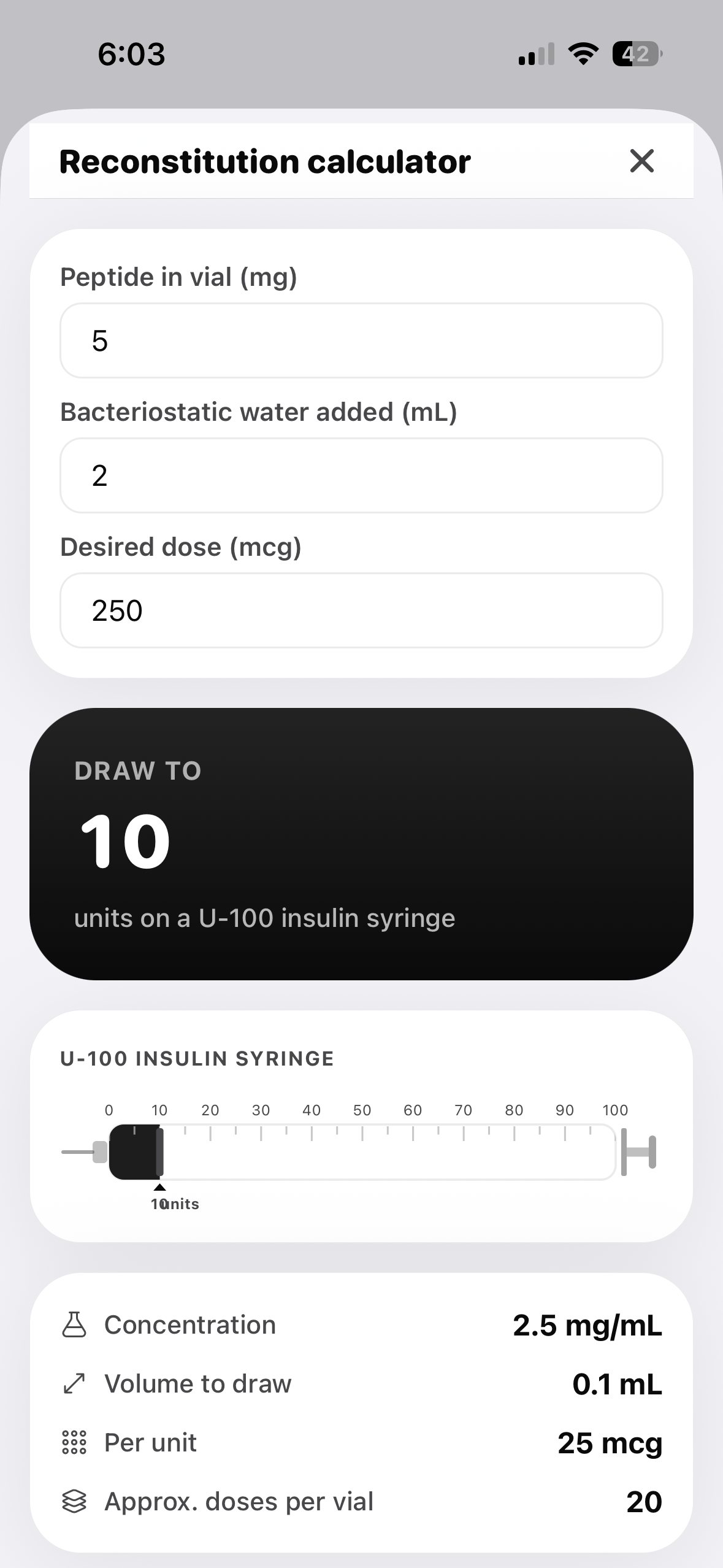 Reconstitution calculator showing exactly how many units to draw