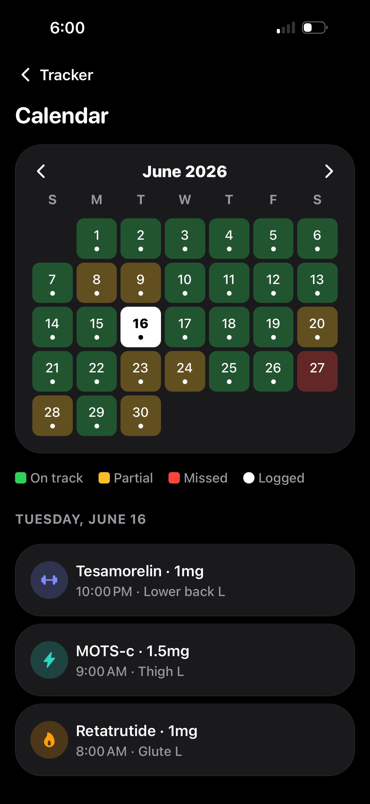 Month calendar with scheduled and logged dose days