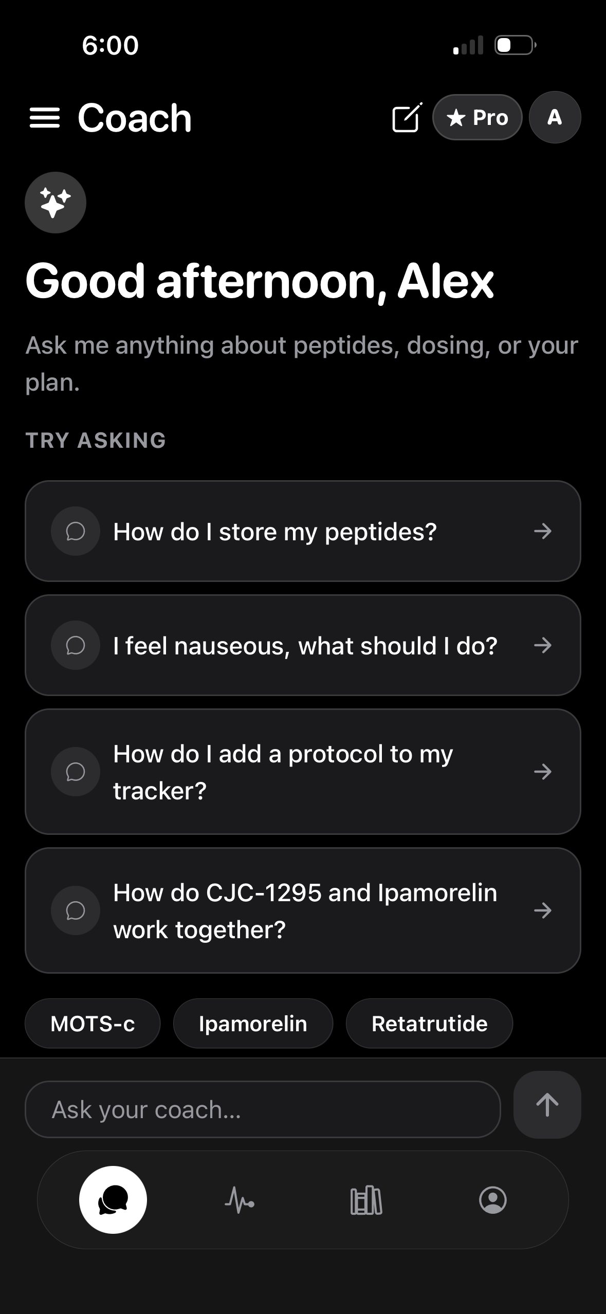 PepCoach AI coach chat with suggested peptide questions