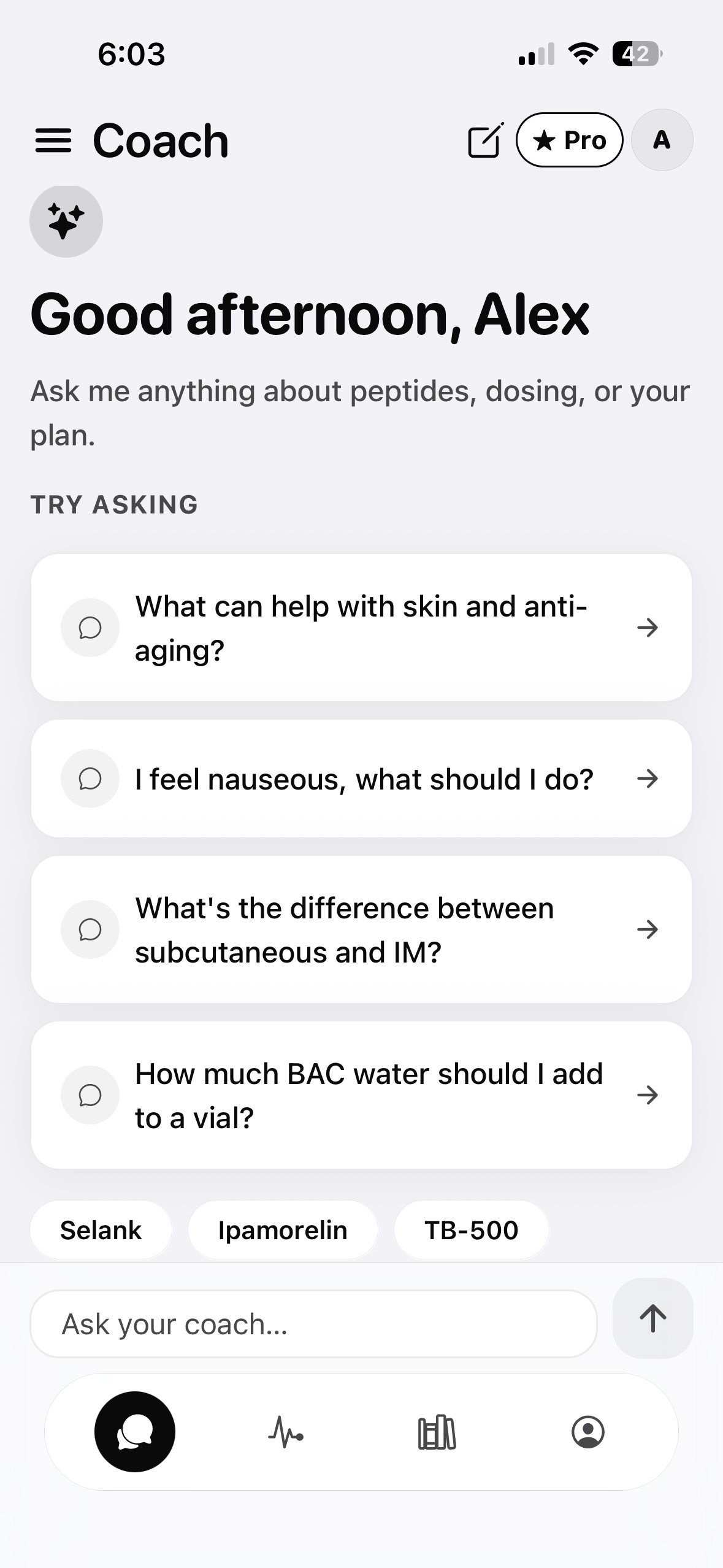 PepCoach AI coach chat with suggested peptide questions