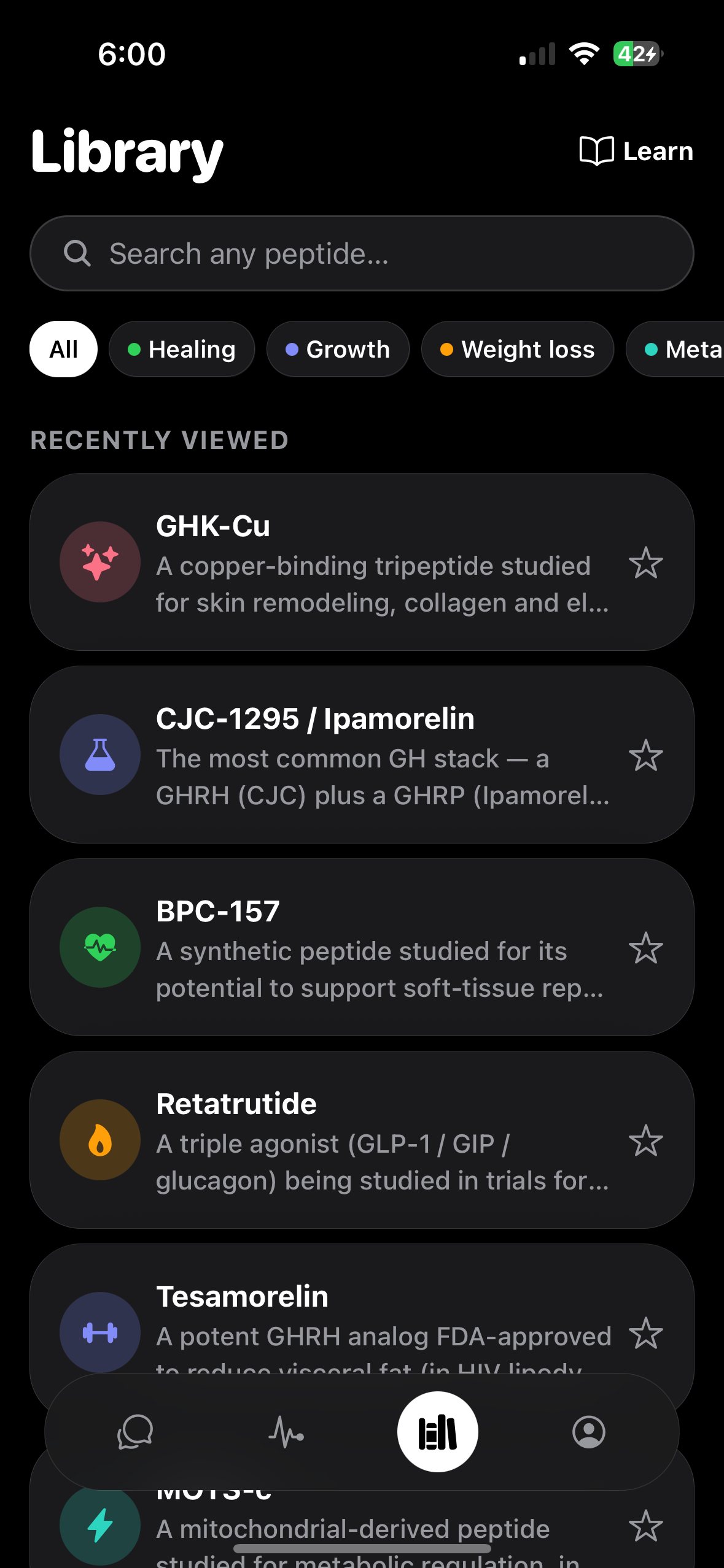 Peptide library with color-coded categories and search