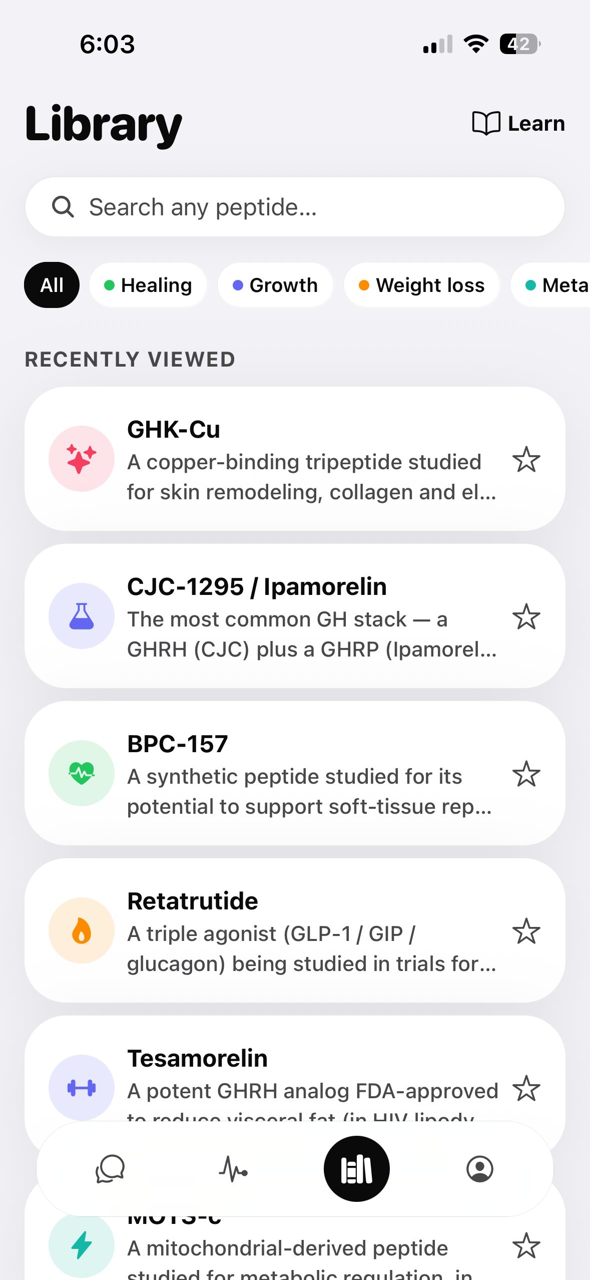 Peptide library with color-coded categories and search