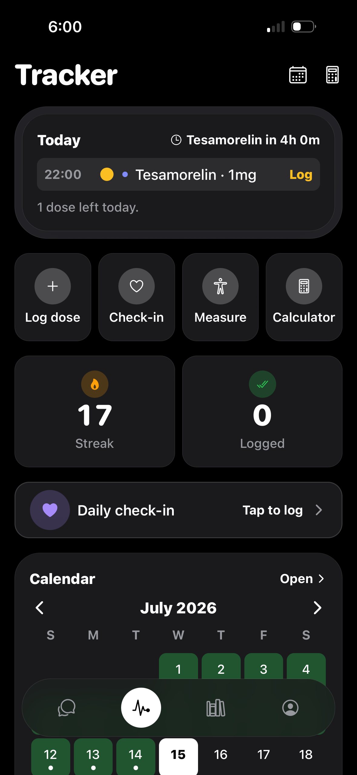 Tracker with today's dose schedule, streak and calendar