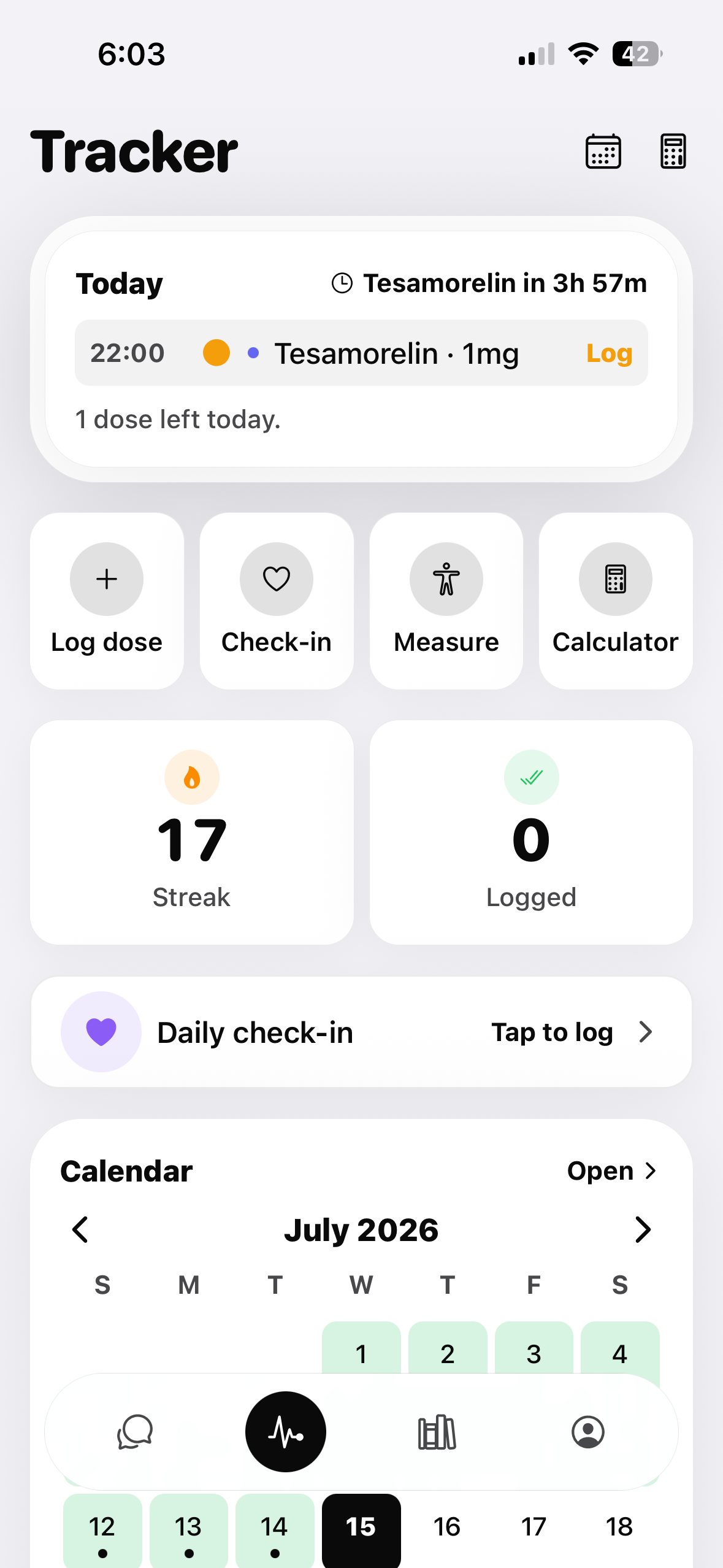 Tracker with today's dose schedule, streak and calendar